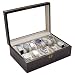 Vintage Dark Walnut Wood Color Glass Clear Top Watch Display Storage Case Chest Holds 10+ Watches With Soft Adjustable Pillows And High Clearance For Large Watches.