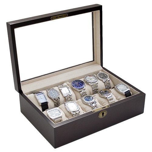 Vintage Dark Walnut Wood Color Glass Clear Top Watch Display Storage Case Chest Holds 10+ Watches With Soft Adjustable Pillows And High Clearance For Large Watches.