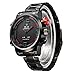 Weide Mens Sports Black Dial Dual Time Red Number Display Black Stainless Steel Wrist Watch