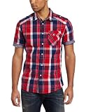 Marc Ecko Cut & Sew Men's Plaid With Chambray Trim Shirt, Hibiscus, Large