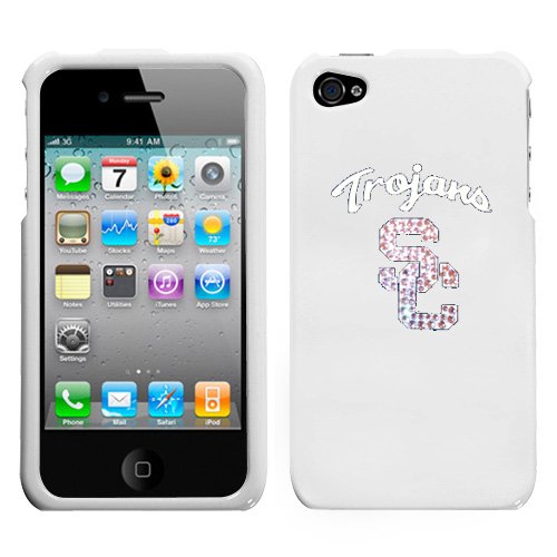 APPLE AT&T SPRINT VERIZON IPHONE 4 4S 4G 16GB AND 32GB HARD PLASTIC DESIGN WHITE AND WHITE USC TROJANS SWAROVSKI CRYSTAL DIAMOND BACK SNAP ON CASE COVER