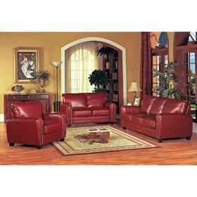 3pc Burgundy Leather Sofa Loveseat & Chair Living Room Set