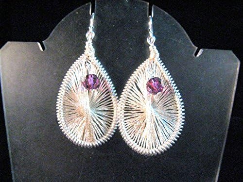 Peruvian Weave Silver Thread Earrings With Purple Crystals