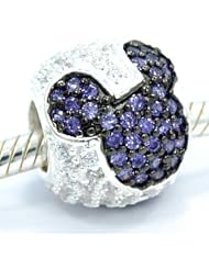 .925 Sterling Silver " Jeweled Mickey - Purple and Clear Cz " Charm Bead Spacer Compatible with Pandora Chamilia Troll Bracelet