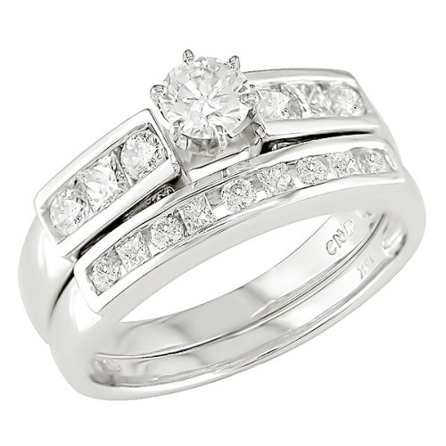 Childrens Toyshop  Jewelry : 14K White Gold 1 Carat Square and Round Cut Diamond Bridal Ring Set