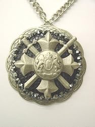 Large Metal, Leather and Crystal Coat of Arms Crossed Swords Pendant