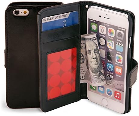 iPhone 6 Case, [Wallet Case] by Hallion **Genuine Leather** KickStand, Apple iPhone 6 Premium Case Wallet (4.70) with Credit Card ID Holder, Foldable Stand (Black)