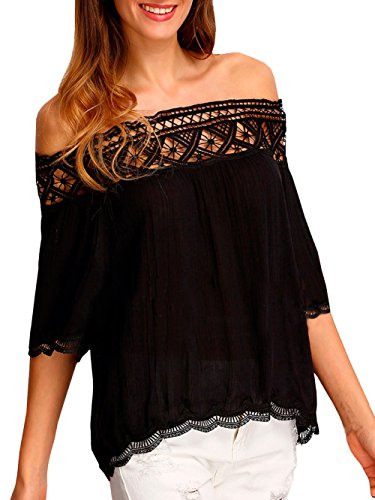 Sexy Women Boat Neck Off Shoulder Blouses Lace Splice Chiffon Wave T-shirt
