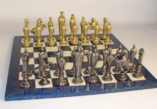 Worldwise Imports Renaissance Metal Chessmen with Blue and Ivory Briar Glossy Chessboard with 5.5in King