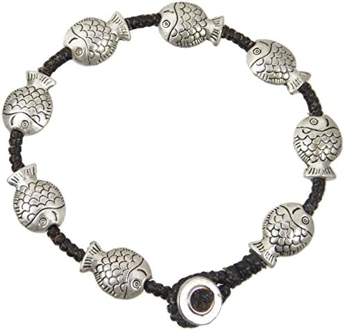 Strand Bracelet: Embellished Dark Brown Waxed Linen, Hypoallergenic/Tarnish-Proof/Waterproof (Scaly Fish)