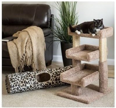 Carpet Cat Tree Pet Condo Perch Plush Beige 3 Tier Levels