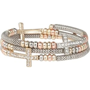 Heirloom Finds Crystal Sideways Cross Wrap Bracelet of Silver Tone Mesh with Tri Color Beads