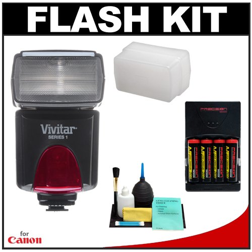 Vivitar High Power Auto Flash DF-383 with Bounce & Swivel Head + STO-FEN + (4) AA Batteries & Charger + Cleaning Kit for Canon EOS Rebel XT, XTi, XS, XSi, T1i, 50D, 40D, 5D SLR Digital Cameras