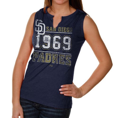 Majestic San Diego Padres Ladies Navy Blue Diamond Diva Heathered Split-Neck Tank Top (Medium)