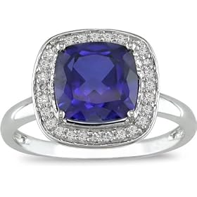 10k Gold 1/10ct TDW Diamond/ Created Blue Sapphire Ring (I-J, I2-I3)
