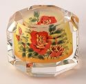 Crystal Tea Light Candle Holder, Hand Painted, Chinese Reverse Painting, Silk Lined Box, Red Floral, Collectible