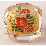 Crystal Tea Light Candle Holder, Hand Painted, Chinese Reverse Painting, Silk Lined Box, Red Floral, Collectible - CLOSEOUT Sale