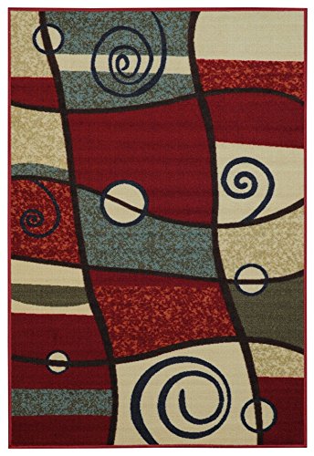 Anti-Bacterial Rubber Back AREA RUGS Non-Skid/Slip 3x5 Floor Rug | Multicolor Red Abstract Geometric Shapes Indoor/Outdoor Thin Low Profile Living Room Kitchen Hallways Home Decorative Traditional Rug