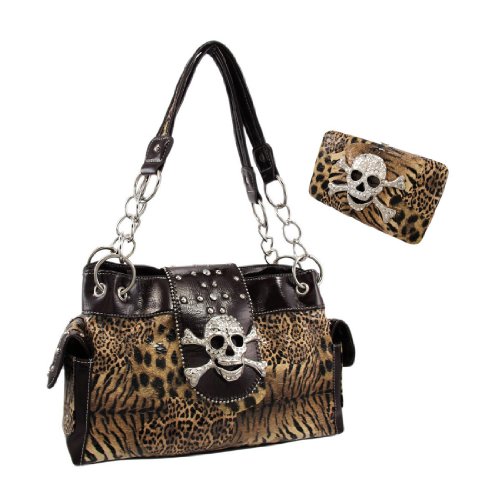 Animal Print Rhinestone Skull Handbag / Wallet Set Brown Trim