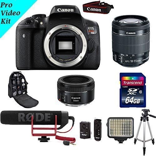 Pro Video Package for T6i 24.2 MP Full Frame CMOS DSLR Camera + Rode Go Video Microphone+ 18-55mm IS STM Lens+ 50mm 1.8 STM Lens+ LED Video Light+ 64gb Transcend SD card