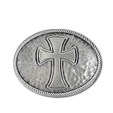 Pounded Steel Engraved Cross Pewter Belt Buckle
