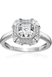 Platinum-Plated Sterling Silver Swarovski Zirconia Asscher Cut Center Antique Inspired Ring