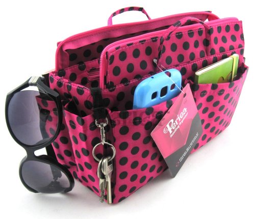 Periea Handbag Organiser, 14 Compartments, Pink With Black Polka Dots- Lexy