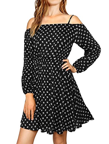 Allegra K Ladies Cold Shoulder Long Sleeves Leaves Prints Casual Dress Black S