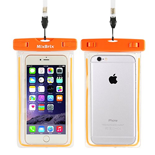 Mixbrix® Universal Waterproof Case for Apple iPhone 6 Plus and iPhone 6 5S 5C 5, Samsung Galaxy S6 and S6 Edge S5 S4 - [Orange] Ultrapouch Waterproof Pouch with Touch Responsive Front and Back Transparent Screen Protector Windows,fits any version of iPod Touch; Galaxy Note 4 3 2; LG Optimus G2, G2 Mini, HTC One M8,M7,M4,Mini;Google Nexus 5 4;Droid DNA;MP3 Player(A.K.A IPX8 Certified Protective Smartphone Waterproof Life Pouch /Credit Card Waterproof Bag Case)
