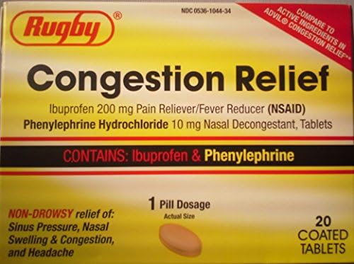 [3 PACK] RUGBY® CONGESTION RELIEF PE (IBUPROFEN 200MG &amp; PHENYLEPHRINE 10MG) PAIN RELIEVER &amp; NASAL DECONGESTANT 20 COATED TABLETS PER BOX *COMPARE TO THE SAME ACTIVE INGREDIENTS FOUND IN ADVIL® CONGESTION RELIEF &amp; SAVE!*