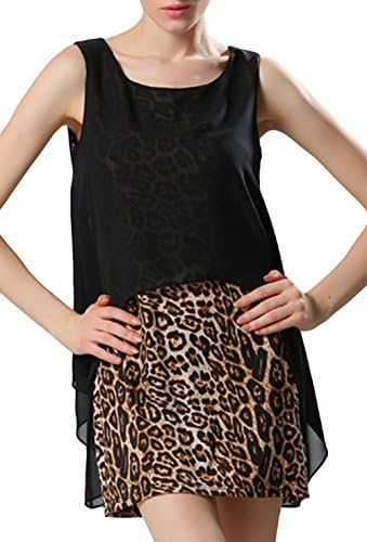 Misslin Women's Scoop Neck Spaghet Straps Leopard Wrap 2 Piece Dress XL Black
