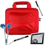 RED Cube with Pocket Series Shell Hard Carrying case for iPad fits snuggly + Includes a 4-inch eBigValue (TM) Determination Hand Strap + Anti-Glare Screen Protector for iPad Tablet ( All Models ) + Premium Quality Metal Stylus Styli for Apple iPad + Fashion Earbud Headset Headphones 3.5mm In-Ear Stereo ( Blue )