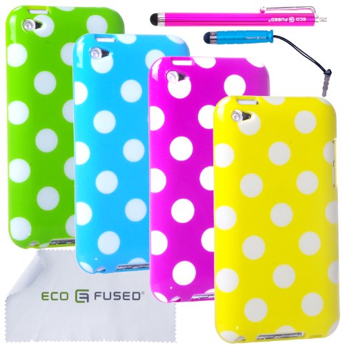 Eco-Fused Case Bundle for Apple iPod Touch 4 including 4 Polka Dot Covers / 2 Stylus Pens / 2 Screen Protectors / Microfiber Cleaning Cloth (Green, Blue, Purple, Yellow)