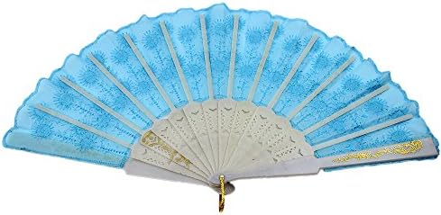 Stepupgirl Sky Blue Peacock Feathers Sequins Embroidering Chinese Delicate Traditional Folding Handheld Fan Favors with Souvenir Card