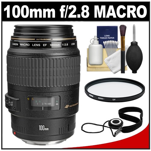 Canon EF 100mm f/2.8 Macro USM Lens + UV Filter + Accessory Kit for EOS 60D, 7D, 5D Mark II III, Rebel T3, T3i, T4i Digital SLR Cameras