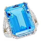 14k White Gold ( 18x13 mm ) Large Stone Engagement Swiss Blue Topaz Ring w/ 0.123 Carat Brilliant Cut Diamonds & 23.50 Carats Emerald Cut Stone, 13/16 in. (20mm) wide, size 7