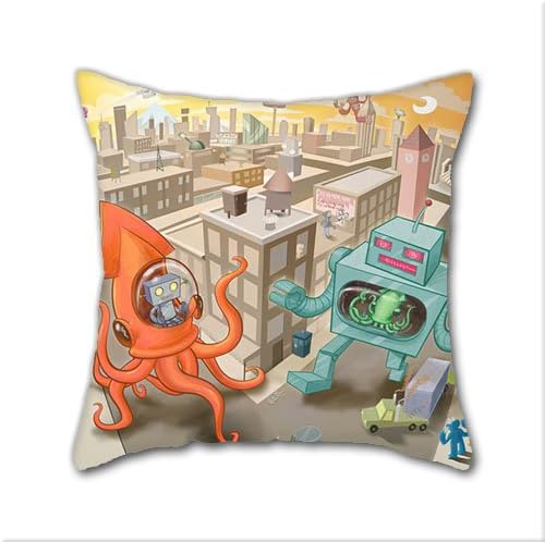 Squid vs Robot DIY Decorative Pillow Cases,Natural Cotton Square Throw Pillow Case Cushion Cover,18 x 18 Inch(45cm x 45cm)