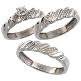 Sterling Silver 3-Pc. Trio His (5mm) & Hers (5mm) Diamond Wedding Ring Band Set, w/ 0.20 Carat Brilliant Cut Diamonds (Men's Sizes 8 to 14), Ladies' Size 8