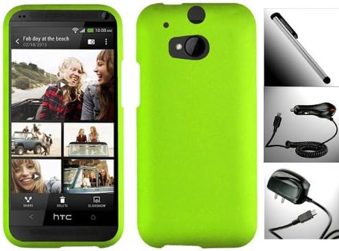 HTC One M8 (2014 Edition) Charger Bundle / 4 in 1 - 1 Neon Green Snap-on Hard Case + 1 Car Charger + 1 Travel / Home Wall Charger & Plus 1 Free Garnet House 4"l Silver Stylus Touch Screen Pen