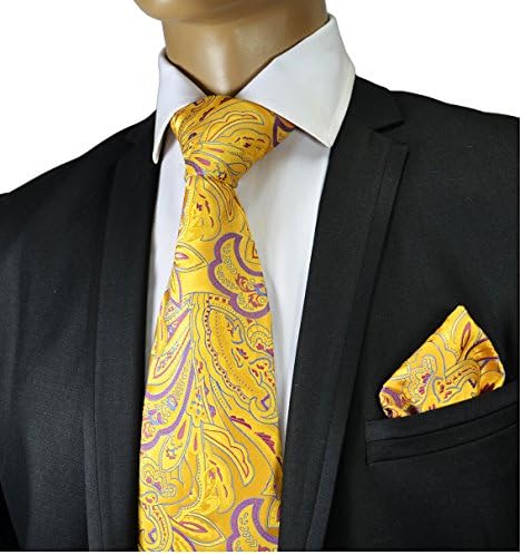 Necktie and Pocket Square . 100% Silk . Yellow Paisley