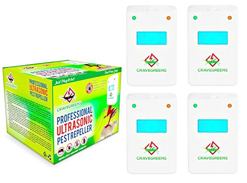 Set of 4 Cravegreens Pest Control Ultrasonic Repeller -Electronic Plug -In Repeller for Insects- Best Repellent for, Cockroach, Rodents, Flies, Roaches, Ants, Spiders, Fleas, Mice - White Color