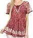Sakkas Ash Speckled Tiedye Embroidered Cap Sleeve Blouse Top with Embroidery Hems