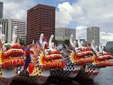 Contestants Preparing Dragon Boats for the Rose Festival Dragon Boat Races, Portland, Oregon, USA Photographic Poster Print by Janis Miglavs, 24x32