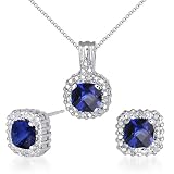 Celebrity Inspired 4.75 carats Cushion Checkerboard Cut Created Blue Sapphire Pendant Earrings Set in Sterling Silver Rhodium Finish
