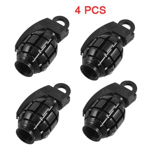 uxcell® 4 Pcs Metal Plastic Pure Black Grenade Shape Car Tire Valve Cap