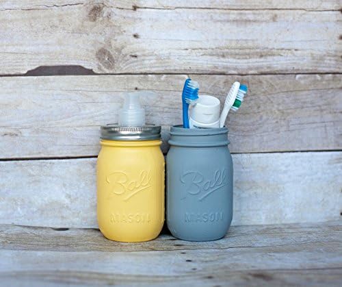 2 Piece Handmade Light Yellow and Light Grey Painted Distressed Mason Jars Bathroom Set - Bathroom Organizer- Vanity Set