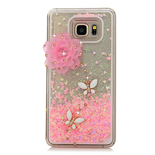 Note 5 Case,Galaxy Note 5 Case - Mavis s Diary 3D Bling Handmade Fancy Pink Love Heart Flowing Liquid with Lovely Flower White Butterfly Shiny Diamonds Clear Hard Cover for Samsung Galaxy Note 5 N9200