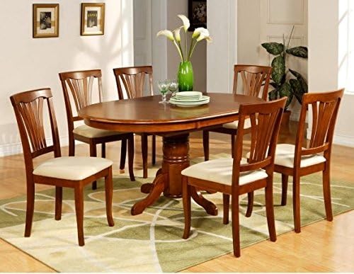 East West Furniture AVON7-SBR-C 7PC Oval Dining Set with Single Pedestal with 18 in. butterfly leaf and 6 padded seat chairs
