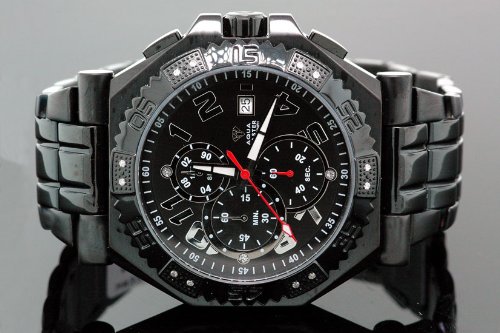 Aqua Master Mens Swiss Made Black Sports Diamond Watch 0.12ctw
