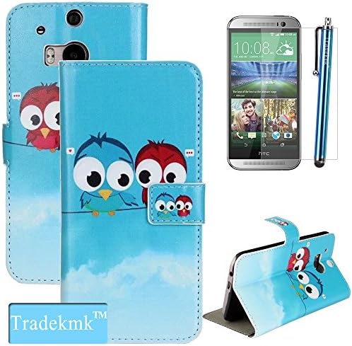 HTC One M8 Case, Tradekmk(TM)Fashional Blue Red Lovers Owls Pattern Premium PU Leather Wallet Type Magnet Design Flip Stand Case Cover Fit For HTC One M8,with Credit Cards Slots,Stylus Pen,Screen Protector and Cleaning Cloth